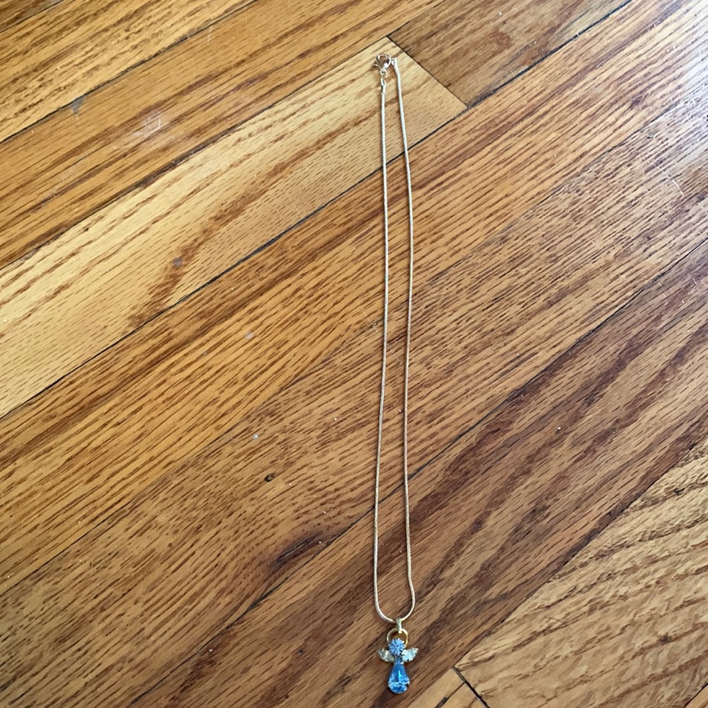 Vintage blue and white crystal guardian angel pendant on gold tone 18” chain - Picture 2 of 4